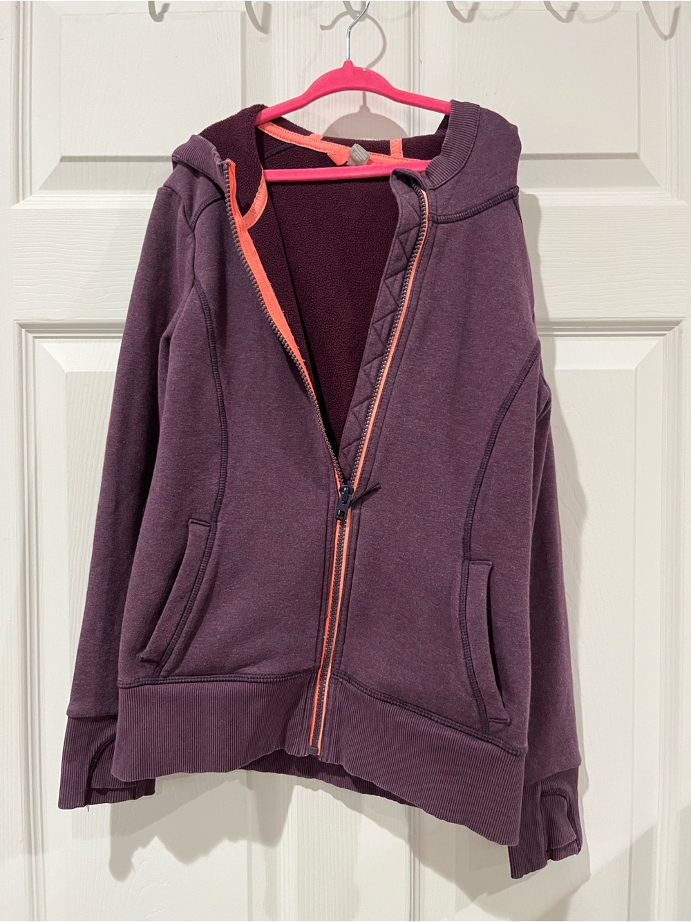 Athleta Girl SzM (8-10) Plum Hooded Zip Jacket, Fleece Lined & Coral Trim